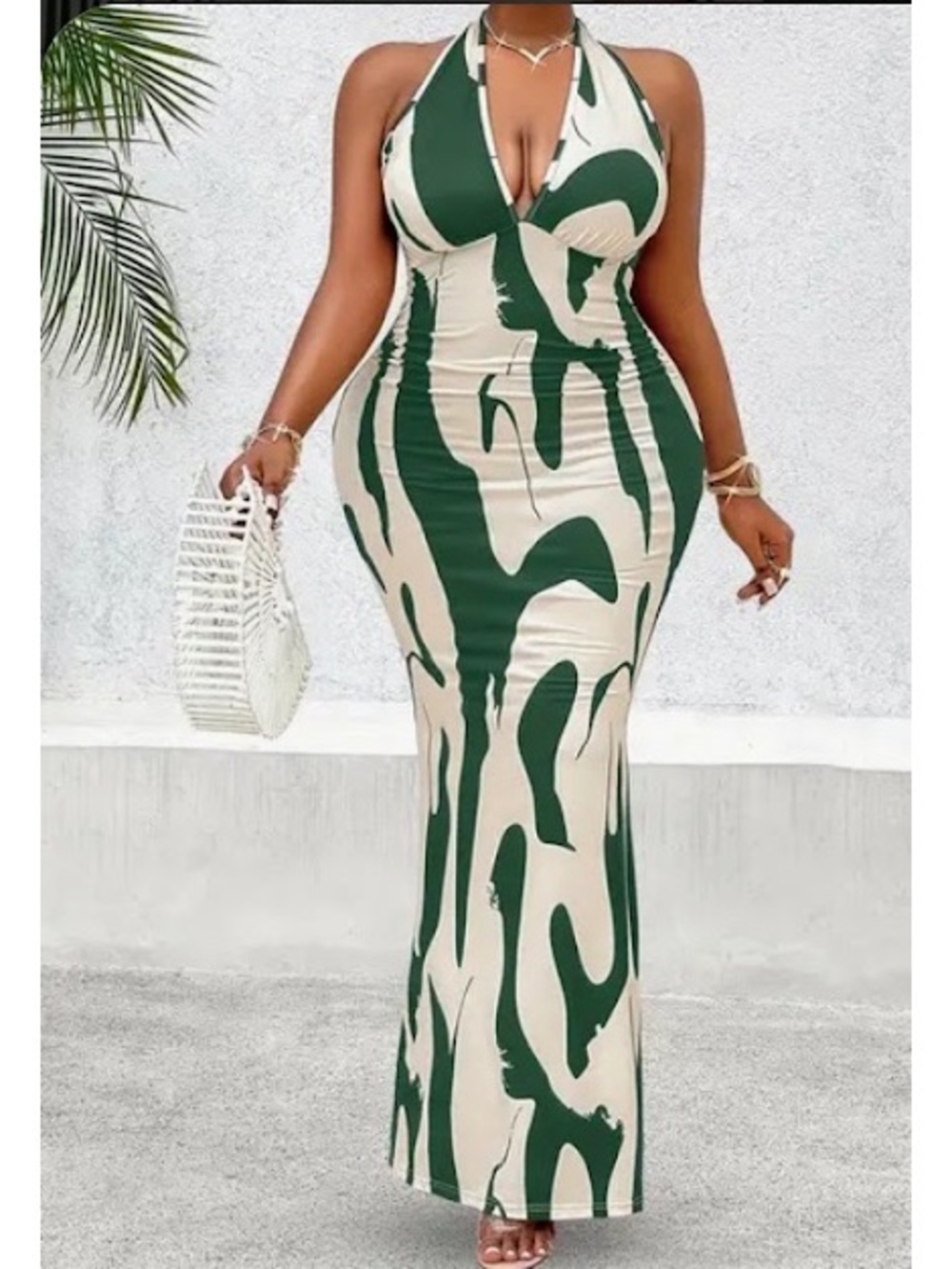 Backless Halter Maxi Dress in Cream and Forest Green Print